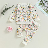 Suefunskry Baby Girl Fall Outfit Flower Print Crew Kaelusega pikkade varrukatega dressipluus elastne vöökoht pikad püksid 2tk riidekomplekt 6M-3Y