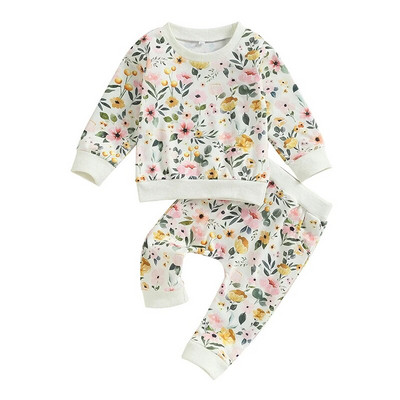 Suefunskry Baby Girl Fall Outfit Flower Print Crew Kaelusega pikkade varrukatega dressipluus elastne vöökoht pikad püksid 2tk riidekomplekt 6M-3Y