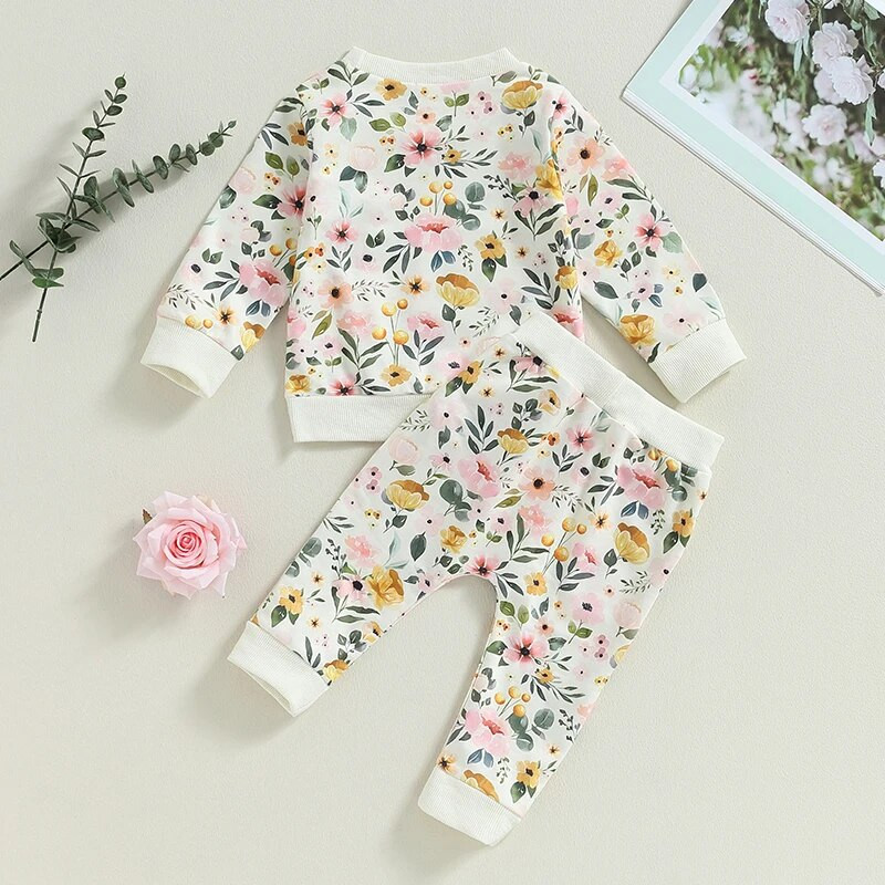 Suefunskry Baby Girl Fall Outfit Flower Print Crew Kaelusega pikkade varrukatega dressipluus elastne vöökoht pikad püksid 2tk riidekomplekt 6M-3Y