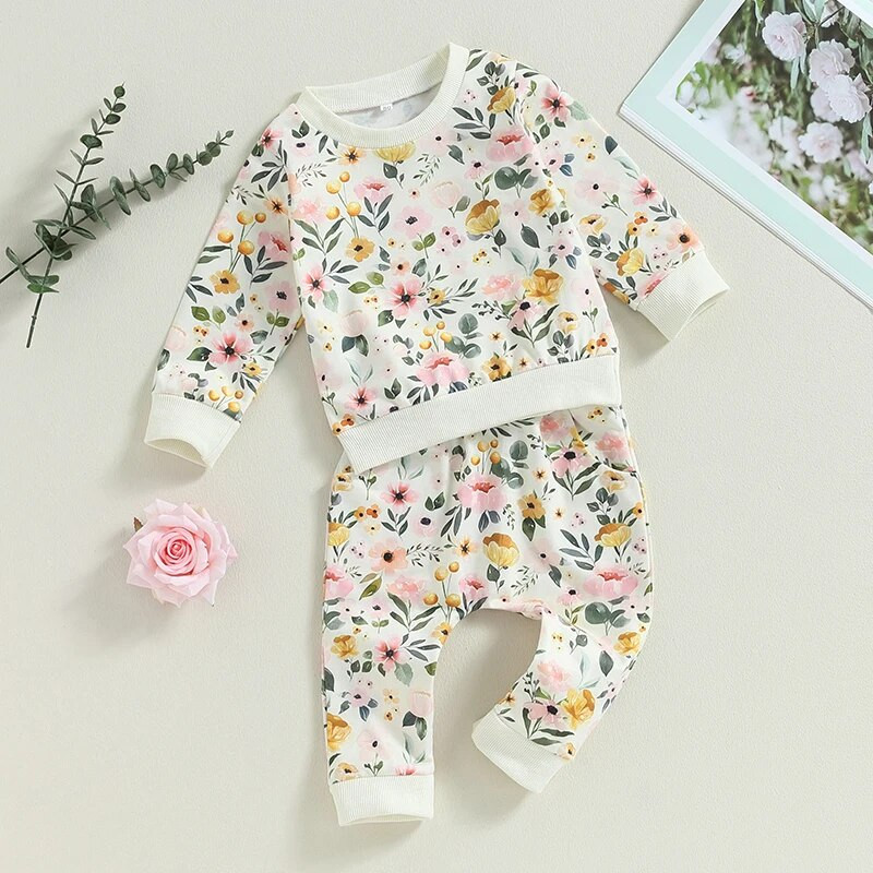 Suefunskry Baby Girl Fall Outfit Flower Print Crew Kaelusega pikkade varrukatega dressipluus elastne vöökoht pikad püksid 2tk riidekomplekt 6M-3Y