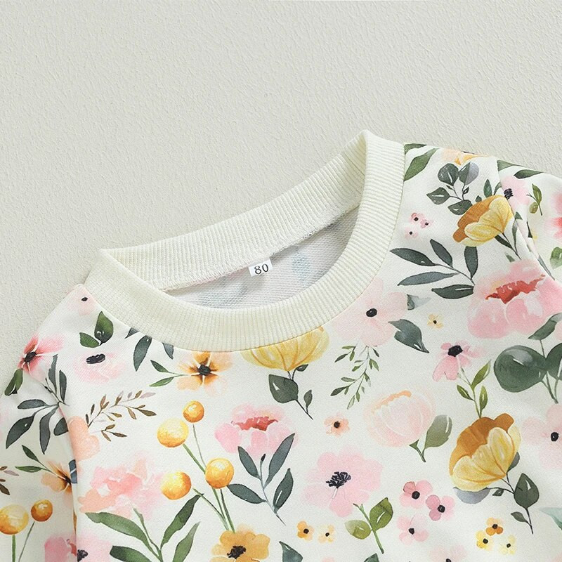 Suefunskry Baby Girl Fall Outfit Flower Print Crew Kaelusega pikkade varrukatega dressipluus elastne vöökoht pikad püksid 2tk riidekomplekt 6M-3Y