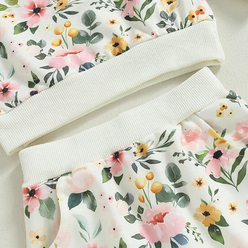 Suefunskry Baby Girl Fall Outfit Flower Print Crew Kaelusega pikkade varrukatega dressipluus elastne vöökoht pikad püksid 2tk riidekomplekt 6M-3Y