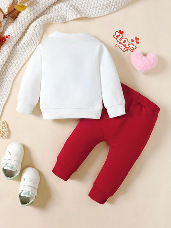 2PCS Бебешки пролетен и есенен развлекателен корейски моден пуловер с дълги ръкави Спортен костюм Свети Валентин Романтична серия