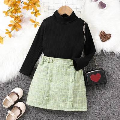 Κοριτσίστικα Ρούχα 1-6Y Άνοιξη Φθινόπωρο Νέα Μόδα Κοστούμια Κοριτσίστικα Πλεκτό πουκάμισο με ζιβάγκο + Κοντές Φούστες Κορίτσια Σετ δύο τεμαχίων