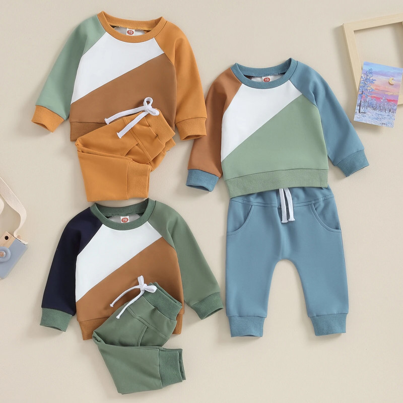 Mode Rudens Bērni Meitenes Zēni Apģērbu Komplekts Jaundzimušais Bērns Ikdienišķs Kontrasts Krāsa Brīvi Treniņtērps Džemperis Bikses Apģērbi Uzvalks