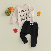 2Pcs Jesenski komplet odjeće za dječake Odjeća za Dan zahvalnosti Sweatshirt dugih rukava s printom slova Duge hlače Trenirka za malu djecu