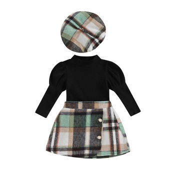Φθινοπωρινά 3 τεμάχια για κορίτσια Μαύρα μακρυμάνικα μπλουζάκια με κουμπιά καρό φούστα μπερέ