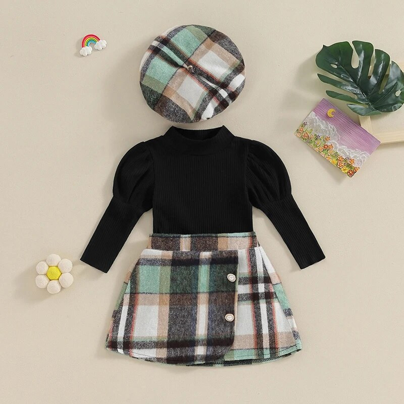 Tüdrukute sügise 3-osalised rõivad, mustad pikkade varrukatega trikotaažid kaelusega topid nööbiga ruuduline seelik bareti komplekt