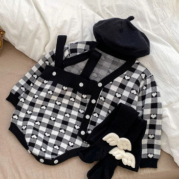 Φθινοπωρινή άνοιξη Νεογέννητο κοριτσίστικο σετ ρούχων Μακρυμάνικο καρό ζακέτα πουλόβερ Ολόσωμη φόρμα για μωρό κοριτσάκι
