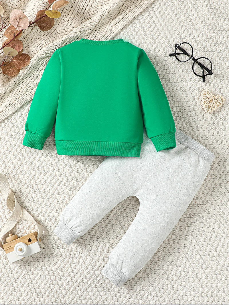 Unisex ležerni set za dojenčad Hip-Hop Zeleni top s vezom na ručnike s slovom + dvodijelni set s lažnim vezicama