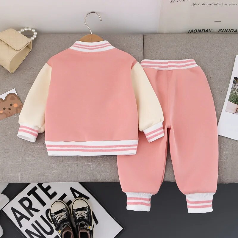 Odjeća za djevojčice 2024. Proljeće Jesen Ružičasti kardigan s jednim kopčanjem Jakne i hlače 18 mjeseci Kompleti odjeće za djevojčice