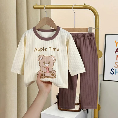 Haine cu imprimeu urs pentru fetiță Set cu mâneci lungi Set de pijamale pentru copii mici, băieți, primăvară/toamnă, costum de lenjerie intima pentru nou-născut, ținute pentru copii