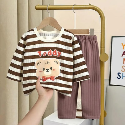 Haine cu imprimeu urs pentru fetiță Set cu mâneci lungi Set de pijamale pentru copii mici, băieți, primăvară/toamnă, costum de lenjerie intima pentru nou-născut, ținute pentru copii