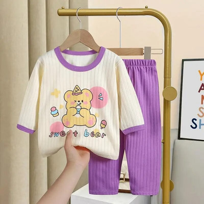 Haine cu imprimeu urs pentru fetiță Set cu mâneci lungi Set de pijamale pentru copii mici, băieți, primăvară/toamnă, costum de lenjerie intima pentru nou-născut, ținute pentru copii