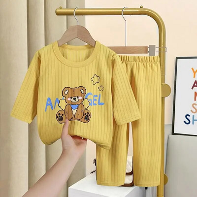 Haine cu imprimeu urs pentru fetiță Set cu mâneci lungi Set de pijamale pentru copii mici, băieți, primăvară/toamnă, costum de lenjerie intima pentru nou-născut, ținute pentru copii