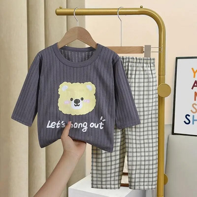 Haine cu imprimeu urs pentru fetiță Set cu mâneci lungi Set de pijamale pentru copii mici, băieți, primăvară/toamnă, costum de lenjerie intima pentru nou-născut, ținute pentru copii