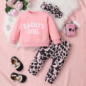 Trei piese Toamna Iarna Fete Imbracaminte la moda pentru bebelusi Top cu monograma din bumbac+Pantaloni cu imprimeu leopard+bandita pentru cap
