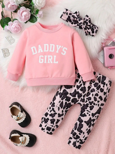 Trei piese Toamna Iarna Fete Imbracaminte la moda pentru bebelusi Top cu monograma din bumbac+Pantaloni cu imprimeu leopard+bandita pentru cap
