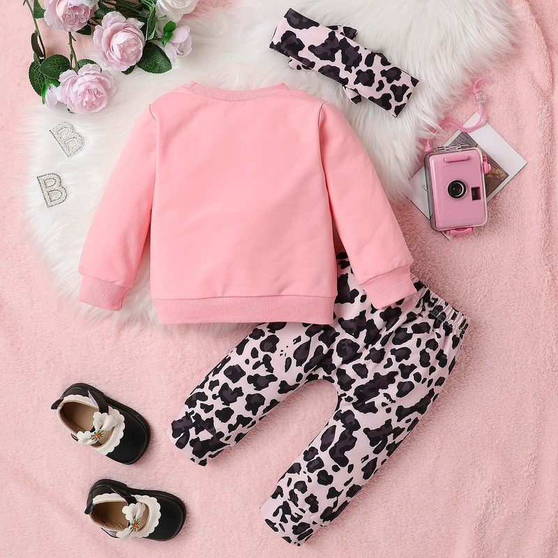 Kolmeosalised sügistalvised tüdrukud beebimoodriided puuvillased monogrammiga top+leopardimustrilised püksid+peapael