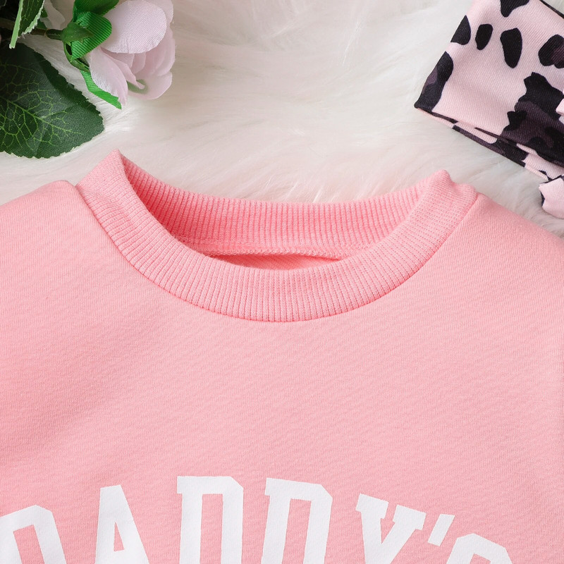 Kolmeosalised sügistalvised tüdrukud beebimoodriided puuvillased monogrammiga top+leopardimustrilised püksid+peapael