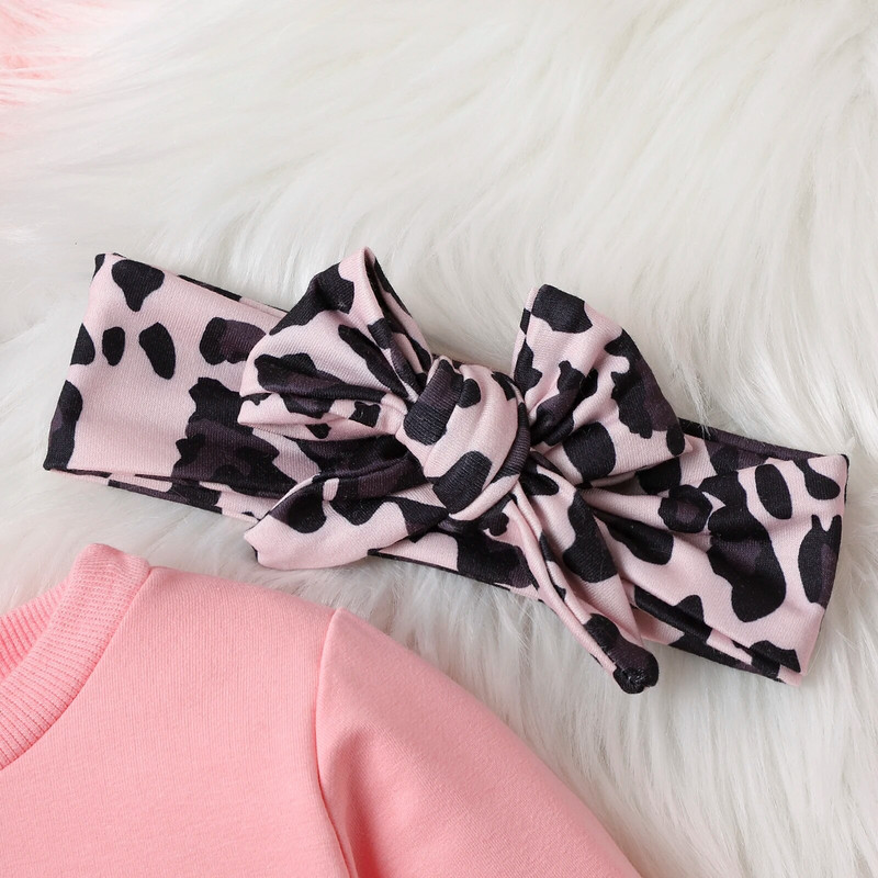 Kolmeosalised sügistalvised tüdrukud beebimoodriided puuvillased monogrammiga top+leopardimustrilised püksid+peapael