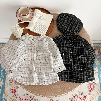 4413D Σετ ρούχων για κορίτσια 2023 Ανοιξιάτικο αρωματικό στυλ Ρετρό κοστούμι για κορίτσια παλτό + φούστα + καπέλο μωρό κοστούμι εκατό ημερών