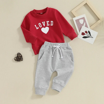 2023-11-09 Lioraitiin Μικρά αγόρια ρούχα για την Ημέρα του Αγίου Βαλεντίνου Heart Letter print Μακρυμάνικα φούτερ και μακριά παντελόνια σετ ρούχων