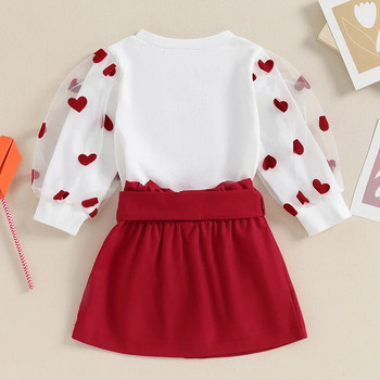 Βρεφικό κοριτσάκι για την Ημέρα του Αγίου Βαλεντίνου Στολή για βρέφη Little Kids Μακρυμάνικο πουκάμισο Love Heart Φούστα Ρούχα Σετ με ζώνη
