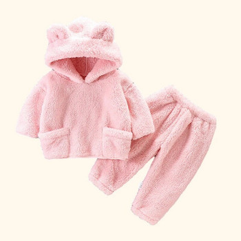 2023 Нови зимни фланелени бебешки комплекти Едноцветни топли бебешки пижами с качулка Комплекти за домашно облекло Комплект от две части Детски дрехи за бебета Момчета Момичета
