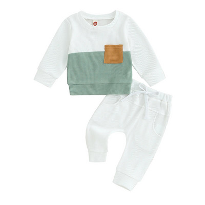 Mīkstas kokvilnas zīdaiņu zēnu meiteņu apģērbu komplekts bērniem uzvalks garām piedurknēm kabata Kontrastkrāsas sporta krekls sporta bikses zīdaiņu drēbes