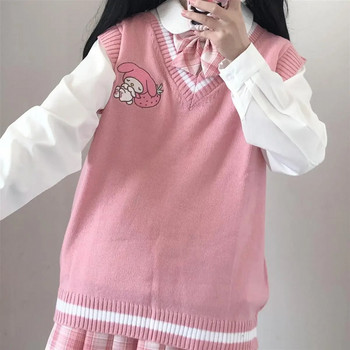 Японски сладък дамски пуловер Sanrio Kuromi в колежански стил, униформа, плетен пуловер, жилетка, свободен My Melody момиче, сладък пуловер без ръкави