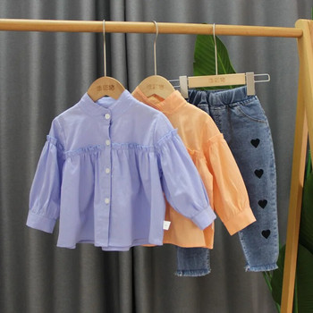 Дрехи за момичета 0-5 години Пролет и есен Моден костюм за момичета Памучна едноцветна риза + любовни дънки Комплект от две части за момичета