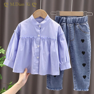 Baby Girl Clothes 0-5Y Spring and Autumn Girls Fashion Suit Cotton Solid Color Shirt + Love Jeans Girls Clothing Two Piece Set