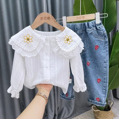 Haine pentru fetiță 0-5 ani, primăvară și toamnă, costum de modă pentru fete, cămașă din bumbac, culoare solidă, îmbrăcăminte pentru fete, set de două piese