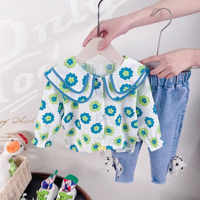 Haine pentru fetiță 0-5 ani, primăvară și toamnă, costum de modă pentru fete, cămașă din bumbac, culoare solidă, îmbrăcăminte pentru fete, set de două piese