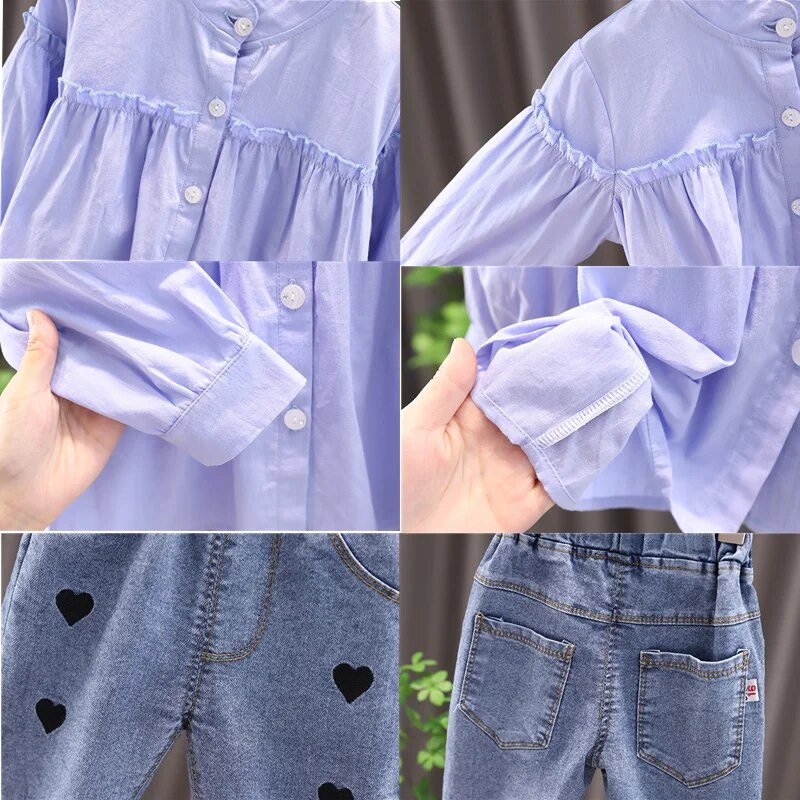 Odjeća za djevojčice 0-5 godina Proljetno i jesensko modno odijelo za djevojčice Pamučna jednobojna košulja + Love Jeans Dvodijelni set odjeće za djevojčice