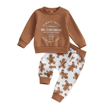 FOCUSNORM 0-3Y Прохождащи бебета Момчета Коледни комплекти дрехи Суитшърт с дълъг ръкав с щампа на букви Горнище Панталони Gingerbread Man
