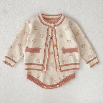 Νεογέννητο βρεφικό κοστούμι με μακρυμάνικο πλεκτό στάμπα Ζακέτα+ρομπέρες Φθινοπωρινή άνοιξη Σετ βρεφικών ρούχων για κορίτσια