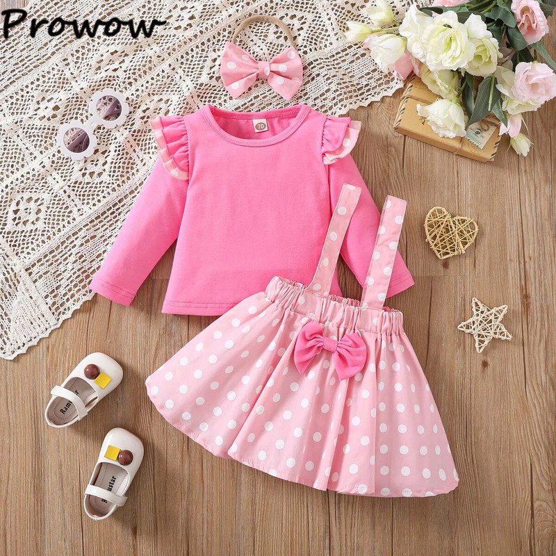 Prowow Baby Girl Drēbes 3gab Rozā T-krekli+Bow Polka Dots Suspender kleita + Galvas lente Vasaras Mazuļu Mazuļu Meiteņu Apģērbu Komplekti