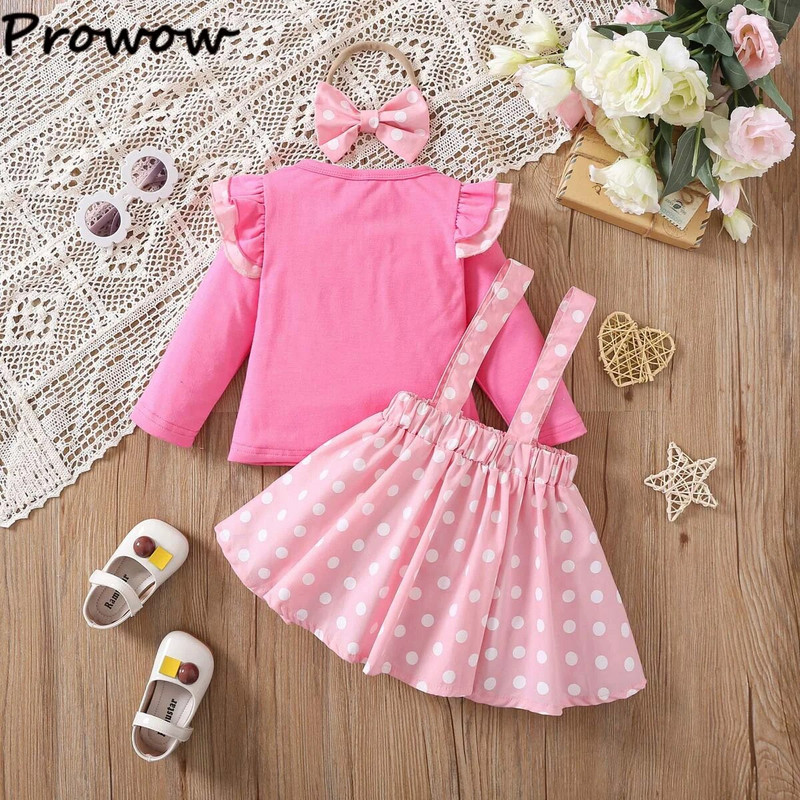 Prowow Baby Girl Drēbes 3gab Rozā T-krekli+Bow Polka Dots Suspender kleita + Galvas lente Vasaras Mazuļu Mazuļu Meiteņu Apģērbu Komplekti