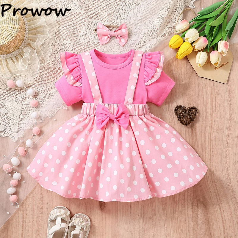 Prowow Baby Girl Drēbes 3gab Rozā T-krekli+Bow Polka Dots Suspender kleita + Galvas lente Vasaras Mazuļu Mazuļu Meiteņu Apģērbu Komplekti