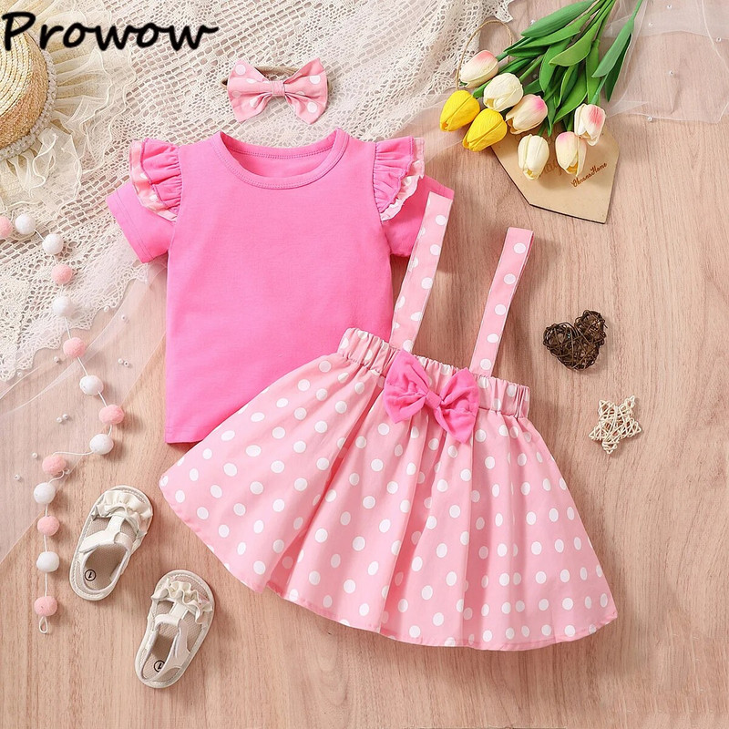 Prowow Baby Girl Drēbes 3gab Rozā T-krekli+Bow Polka Dots Suspender kleita + Galvas lente Vasaras Mazuļu Mazuļu Meiteņu Apģērbu Komplekti