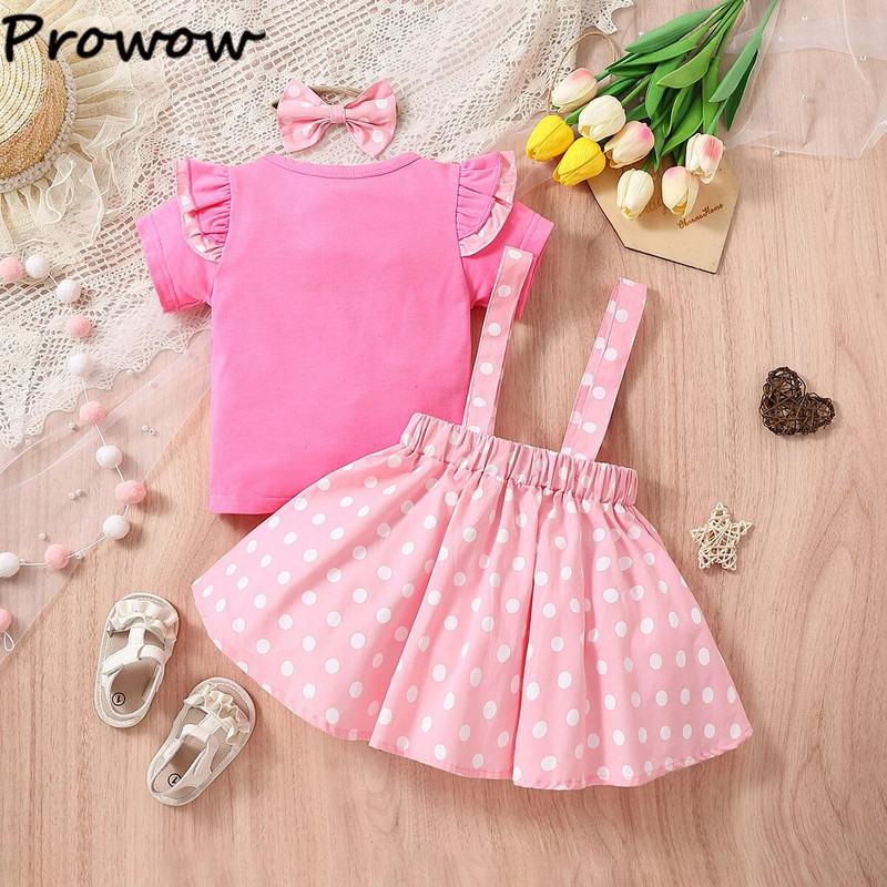 Prowow Baby Girl Drēbes 3gab Rozā T-krekli+Bow Polka Dots Suspender kleita + Galvas lente Vasaras Mazuļu Mazuļu Meiteņu Apģērbu Komplekti