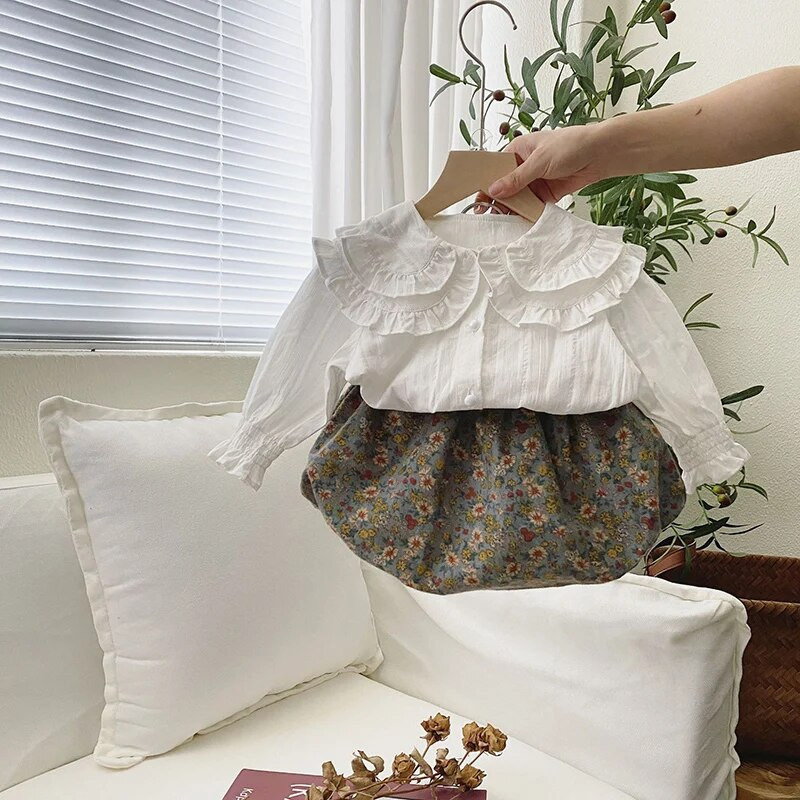 MILANCEL Novi jesenski komplet odjeće za bebe, slatka čipkasta bluza za dojenčad + odijelo s cvjetnim cvjetovima, gornja odjeća za djevojčice, 2 kom.