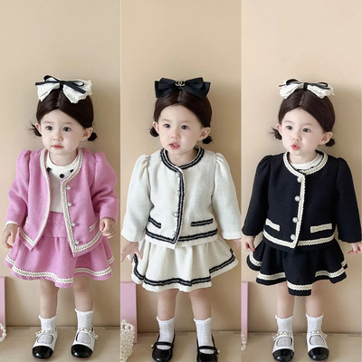 7589 Baby Clothing Set 2023 Autumn Korean Baby Girl`s Suit Small Fragrance Cardigan Coat +Skirt Short Sweet Two-piece Suit.