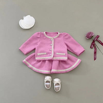 7589 Set de îmbrăcăminte pentru bebeluși 2023 Toamnă Coreeană Costum pentru fetiță Mici parfumat Cardigan Palton + Fusta Scurt Dulce Costum din două piese.