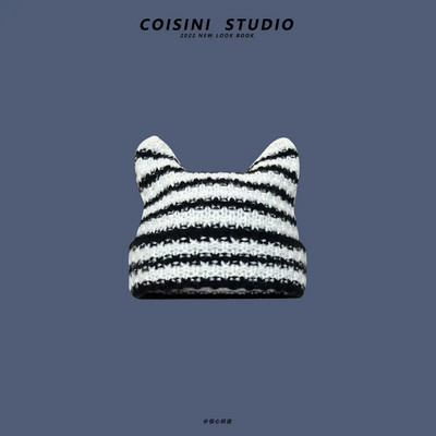 Japāņu beanie cepure Ins Little Devil svītraina trikotāžas vilnas cepure Rudens un ziemas jauka kaķa ausis, smails džemperis sievietēm