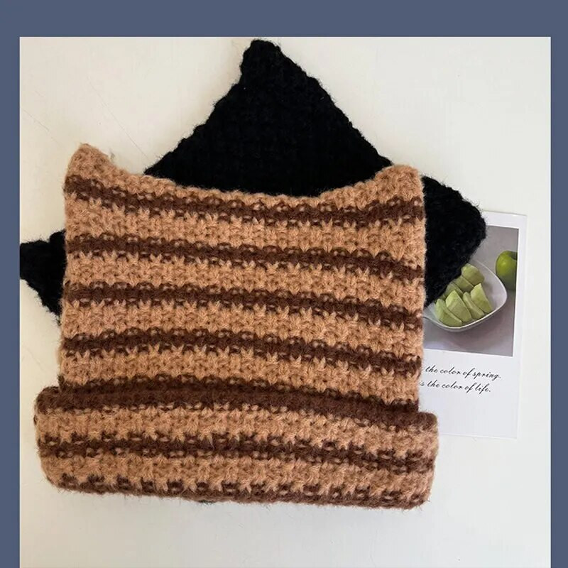 Japāņu beanie cepure Ins Little Devil svītraina trikotāžas vilnas cepure Rudens un ziemas jauka kaķa ausis, smails džemperis sievietēm