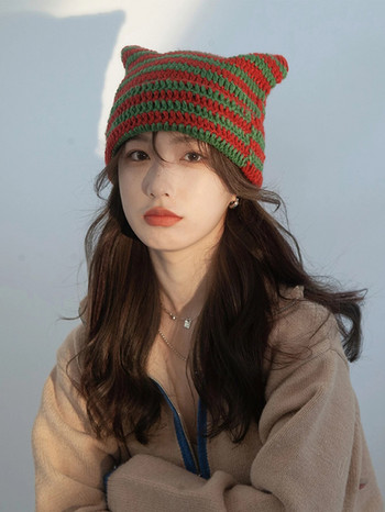 Χαριτωμένα αυτιά γάτας Beanie καπέλα για γυναίκες Χειμερινά ριγέ κορεάτικα πανκ γοτθικά μαλλί Y2K πλεκτά Streetwear Χειροποίητο καπάκι με κροσέ