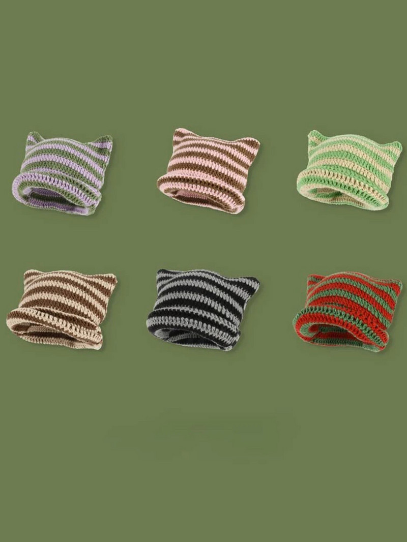 Armsad kassikõrvad nokamütsid naistele talvetriibuline korea punk gooti Y2K villane kootud tänavarõivas käsitsi valmistatud heegeldatud ämbrikork